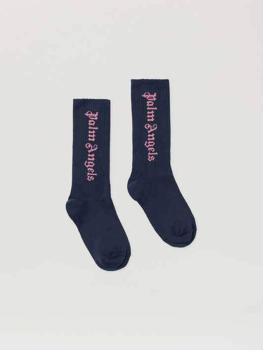 PALM ANGELS Logo Embroidered High Socks NAVY BLUE - PGRA005F25KNI002