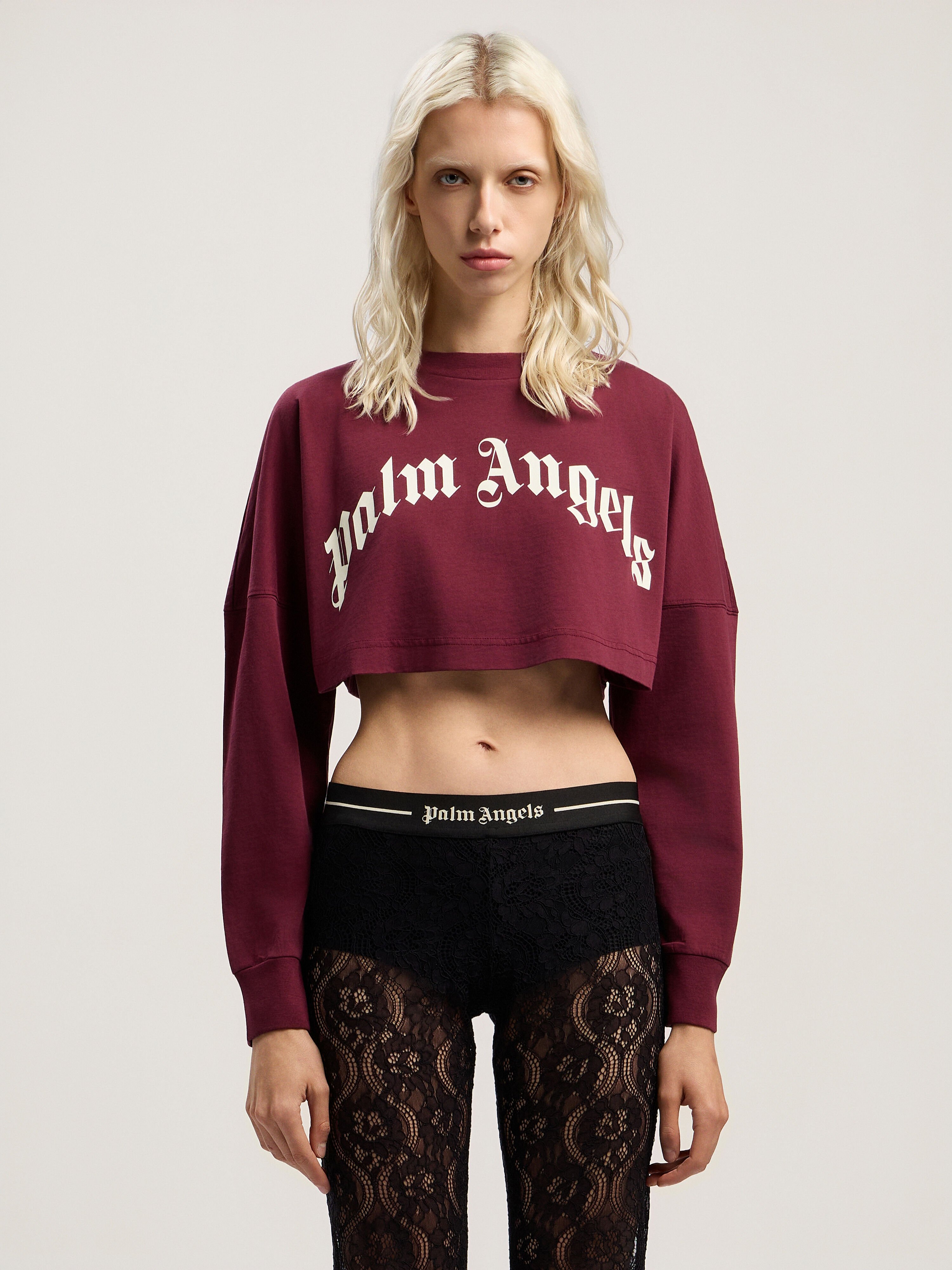 PALM ANGELS Curved Logo Crop Top BURGUNDY - OFF WHITE PWAB023F25JER002
