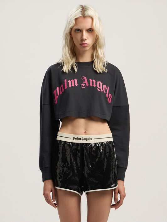 PALM ANGELS Curved Logo Crop Long Sleeve BLACK - FUCHSIA PWAB023F25JER002