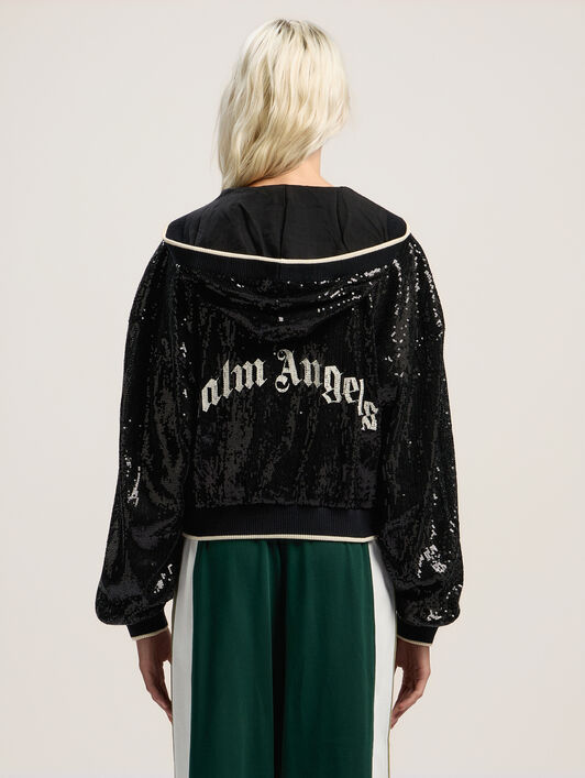 PALM ANGELS Curved Logo Sequin Crop Jacket BLACK - OFF WHITE PWEA129F25FAB001