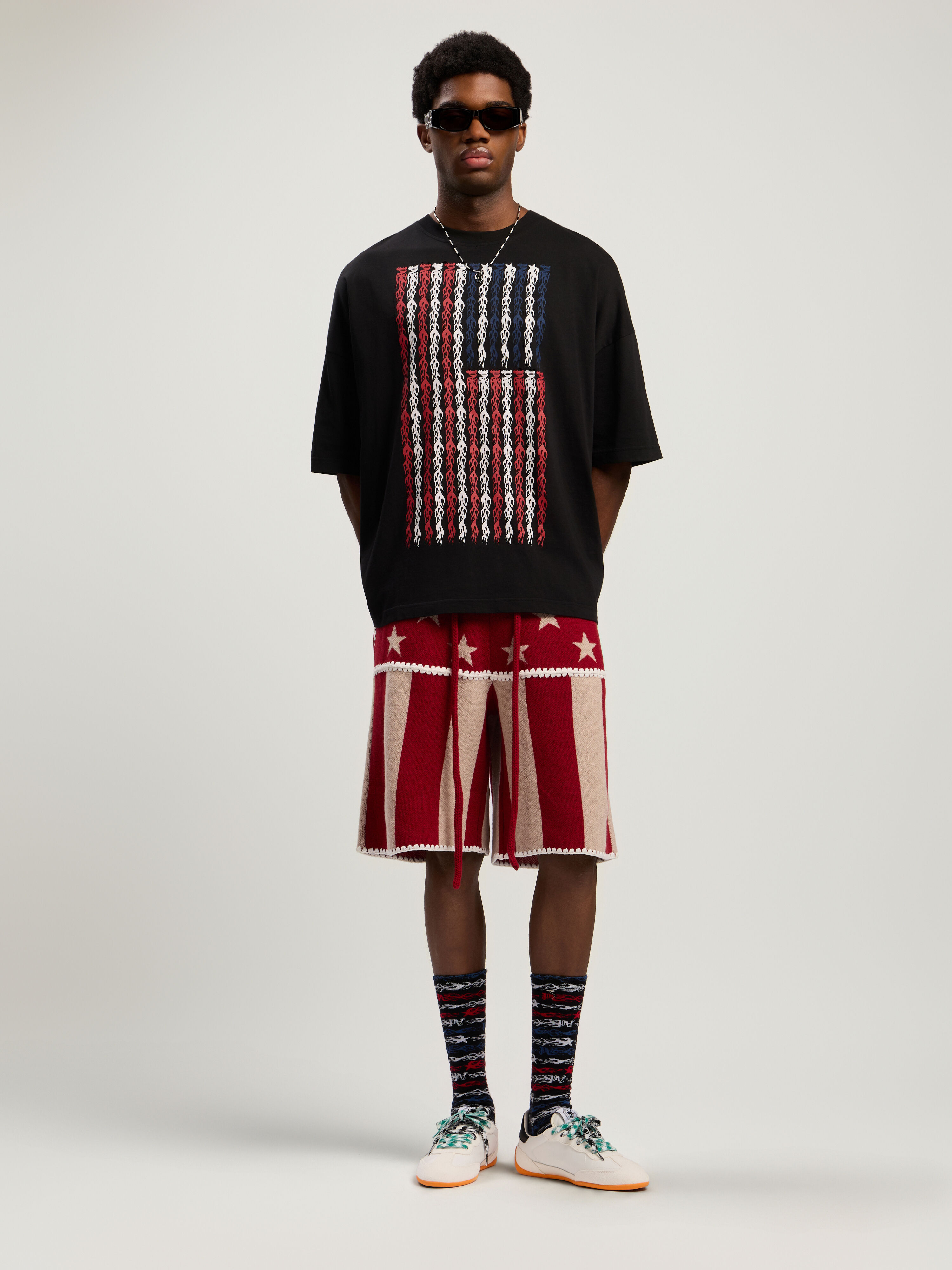 PALM ANGELS Flames Flag Loose T-Shirt BLACK - MULTICOLOR PMAA10DF25JER002