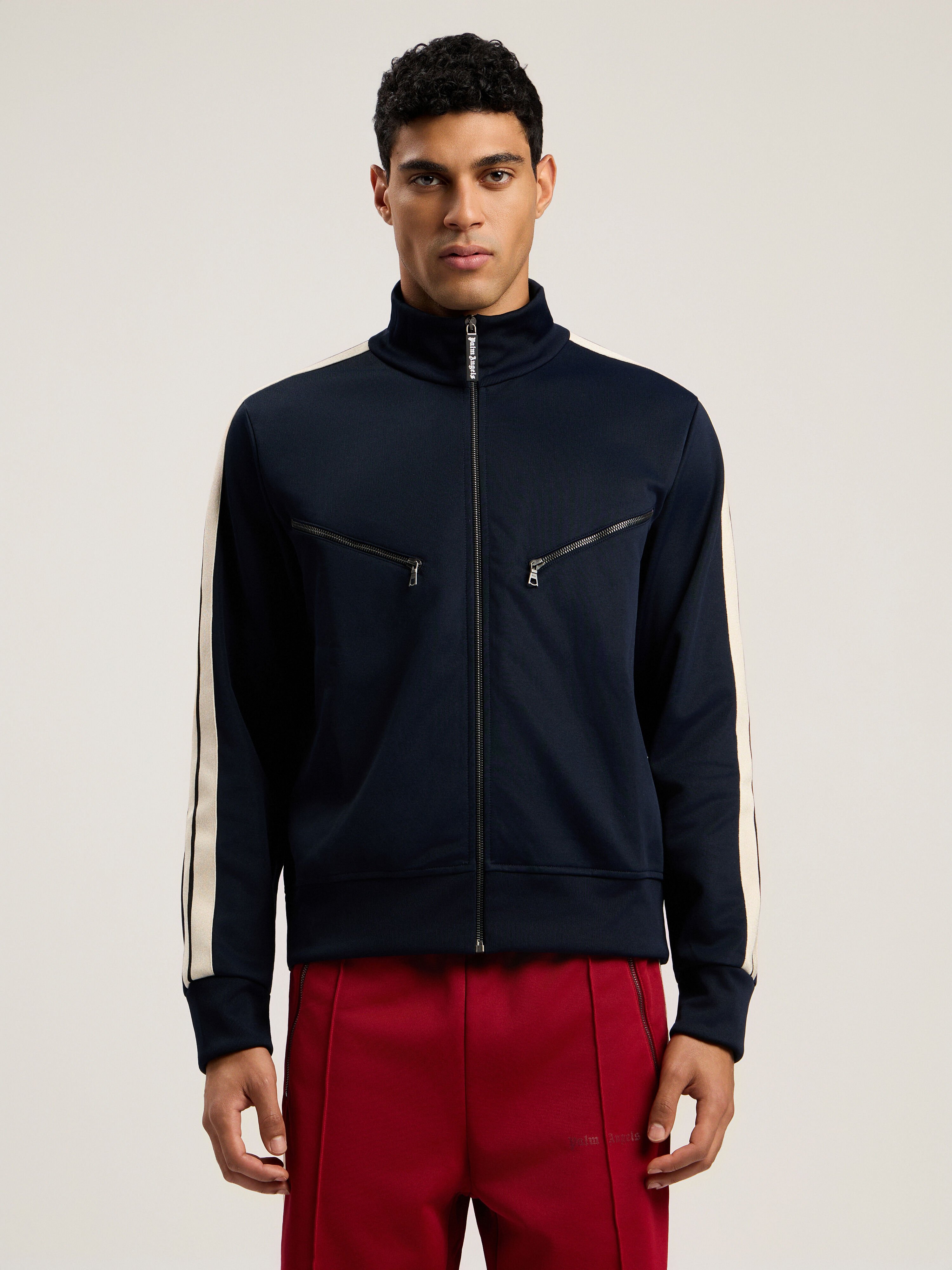 PALM ANGELS Curved Logo Zip-Up Track Jacket DARK BLUE - OFF WHITE PMBD08HF25FAB001