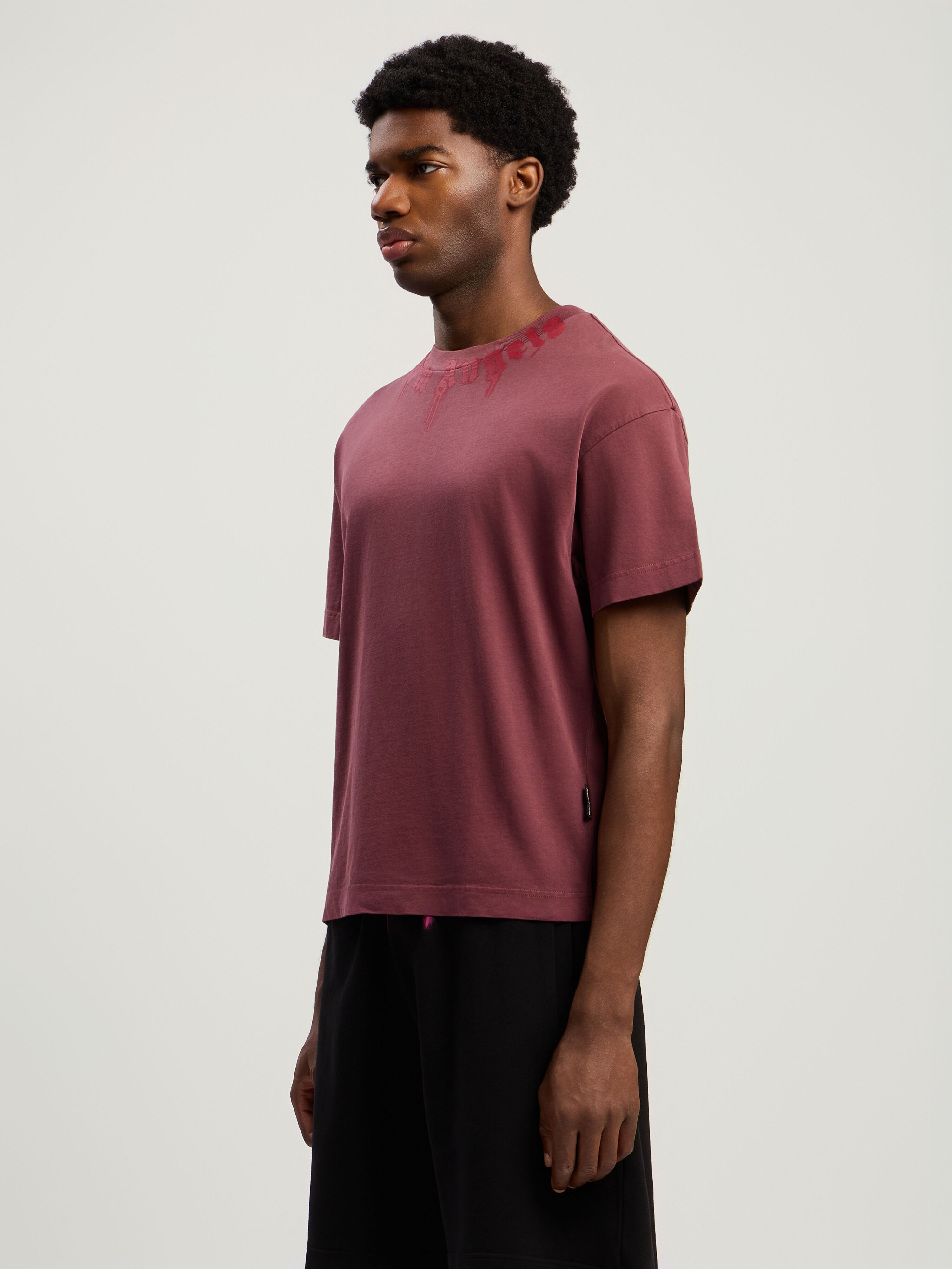 PALM ANGELS Neck Logo Regular T-Shirt BURGUNDY - RED PMAA109F25JER009