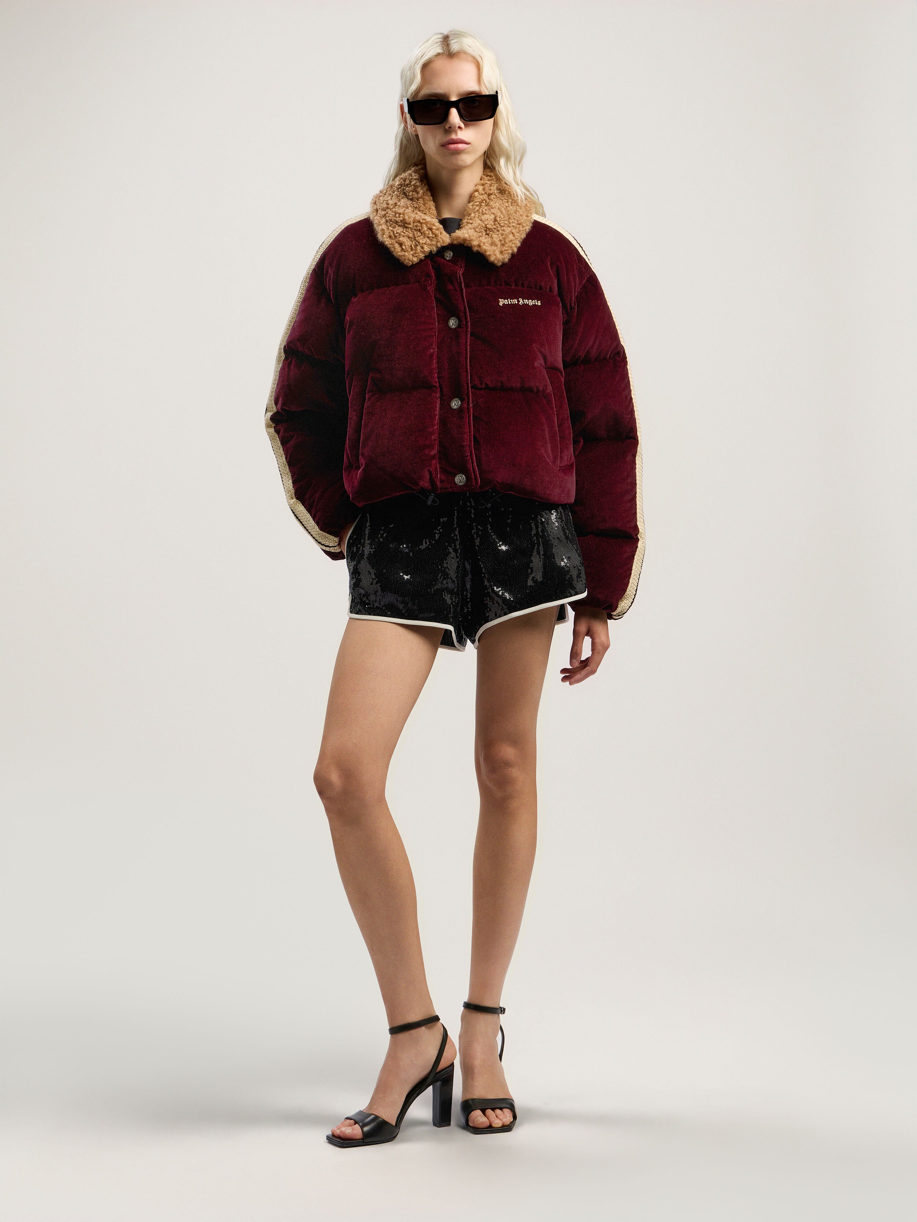 Classic Logo Sequin Shorts PALM ANGELS Classic Logo Sequin Shorts BLACK - OFF WHITE PWCB058F25FAB001