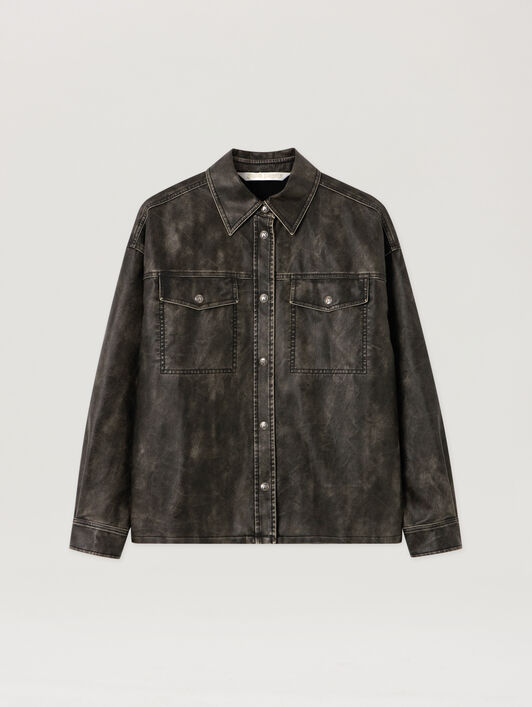 PALM ANGELS Curved Logo Coated Overshirt DARK GREY - BLACK PWJE009F25FAB001