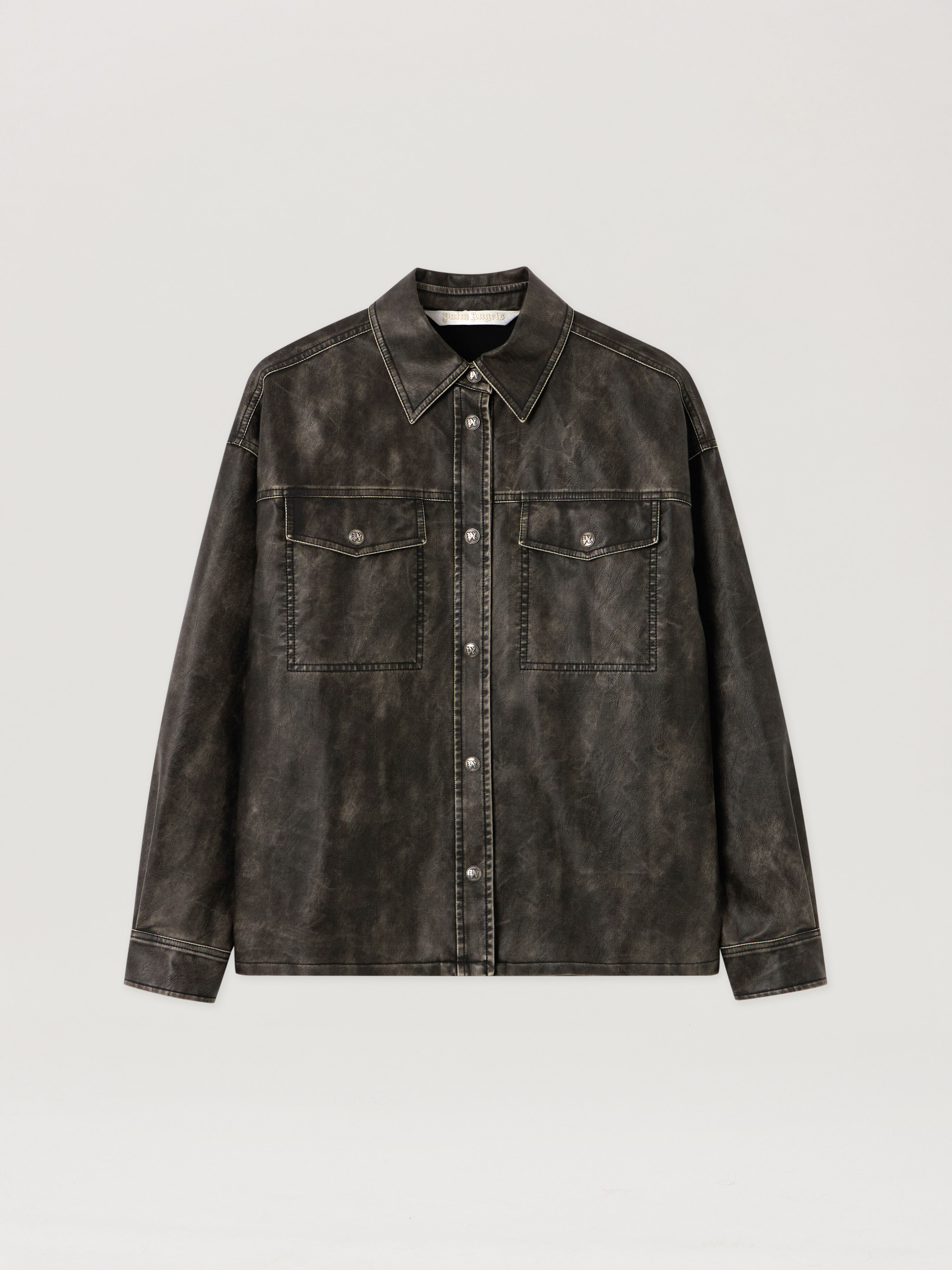 PALM ANGELS Curved Logo Coated Overshirt DARK GREY - BLACK PWJE009F25FAB001