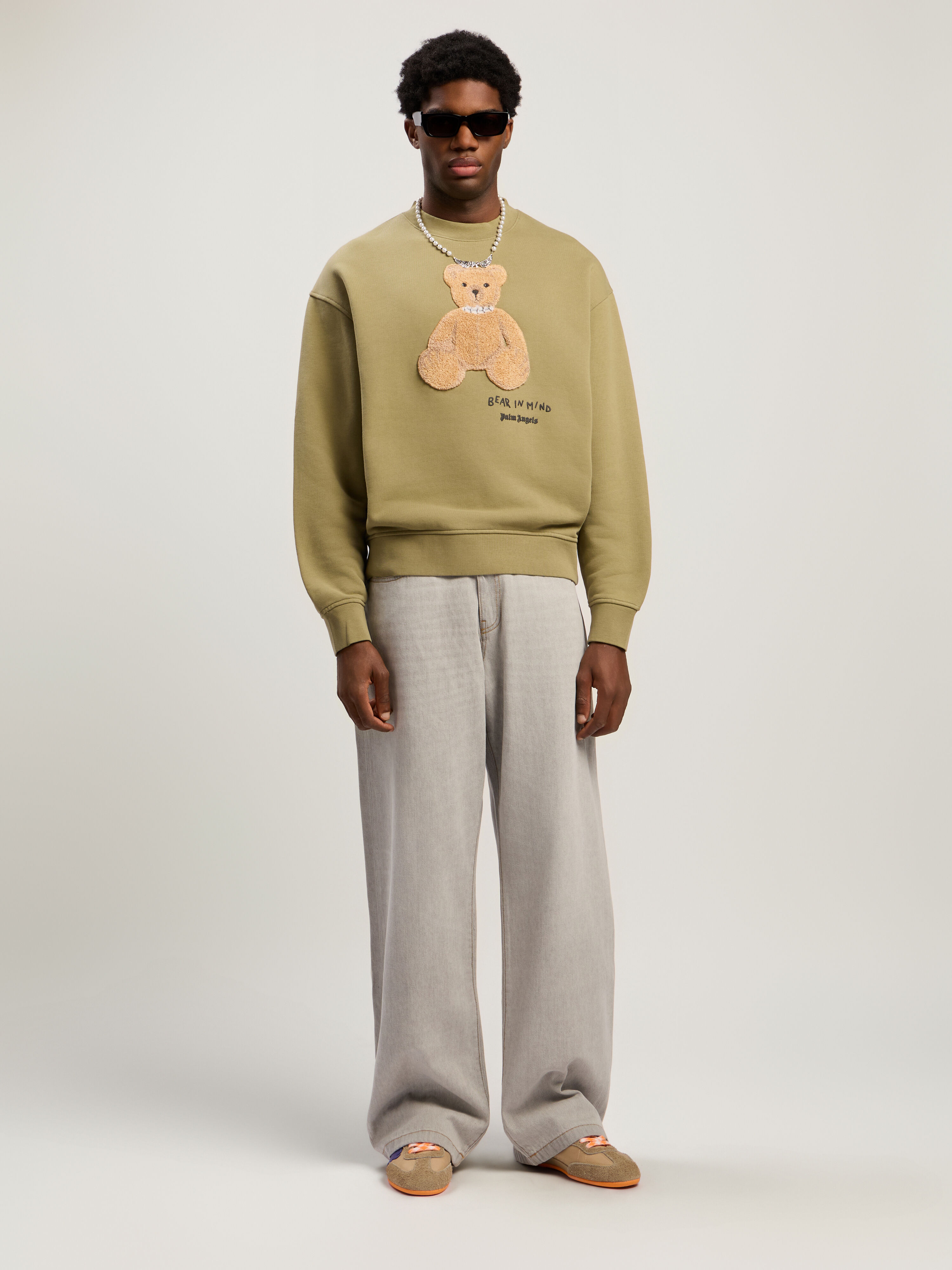 PALM ANGELS Bear In Mind Crewneck Sweatshirt ARMY GREEN - BROWN PMBA08HF25FLE004