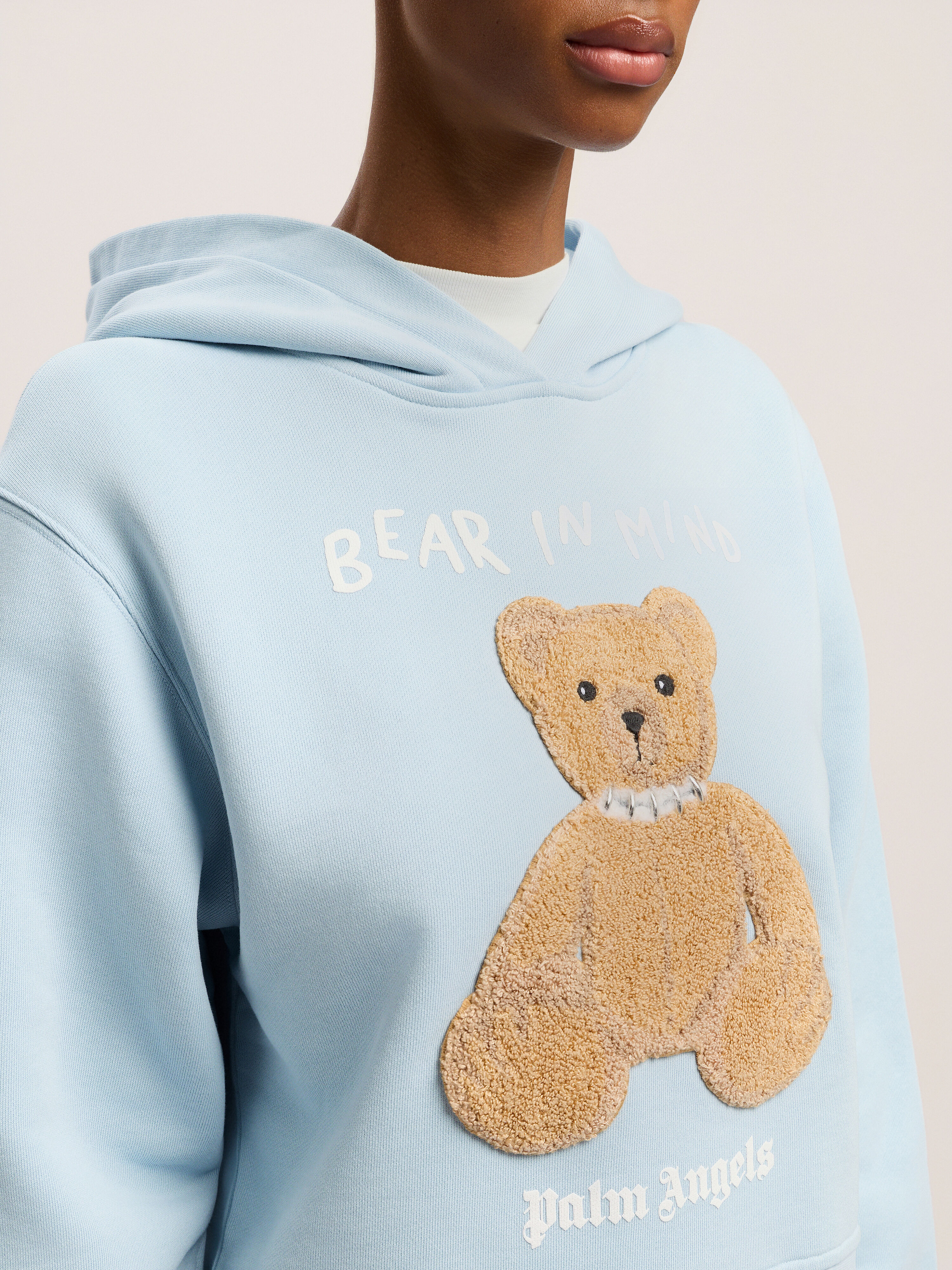 Bear In Mind Fitted Hoodie PALM ANGELS Bear In Mind Fitted Hoodie BABY BLUE - BROWN PWBB069F25FLE002
