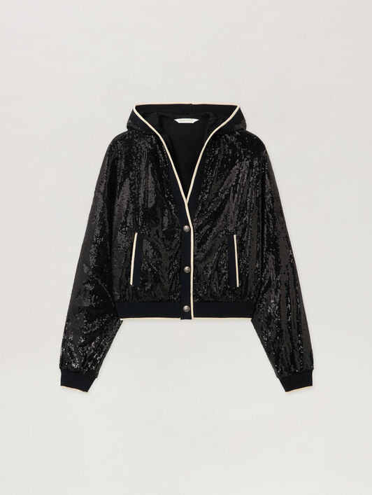 PALM ANGELS Curved Logo Sequin Crop Jacket BLACK - OFF WHITE PWEA129F25FAB001