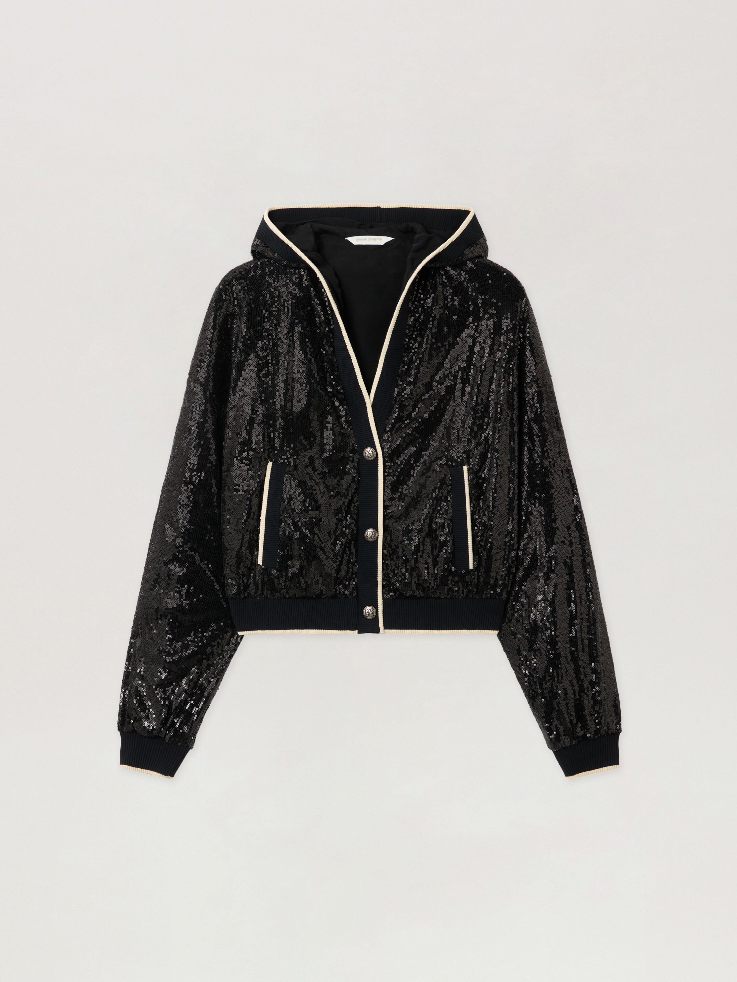 PALM ANGELS Curved Logo Sequin Crop Jacket BLACK - OFF WHITE PWEA129F25FAB001