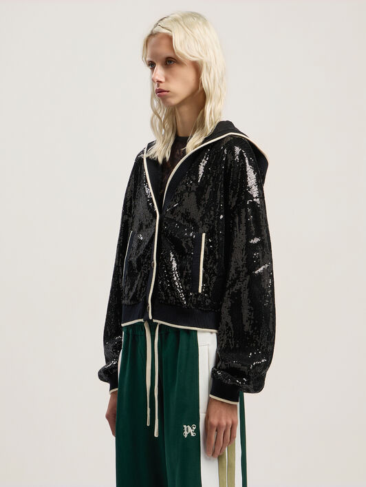 PALM ANGELS Curved Logo Sequin Crop Jacket BLACK - OFF WHITE PWEA129F25FAB001
