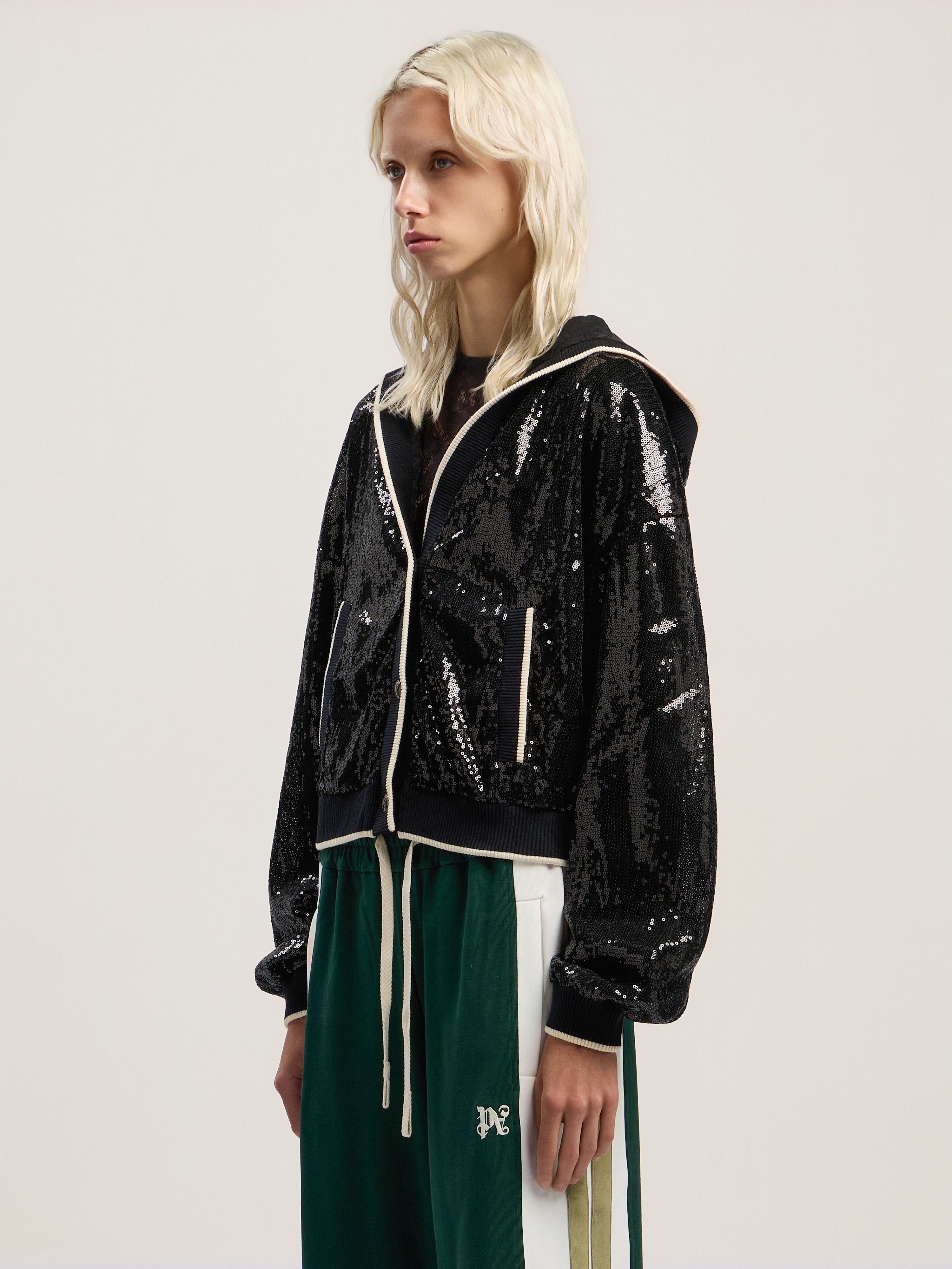 PALM ANGELS Curved Logo Sequin Crop Jacket BLACK - OFF WHITE PWEA129F25FAB001