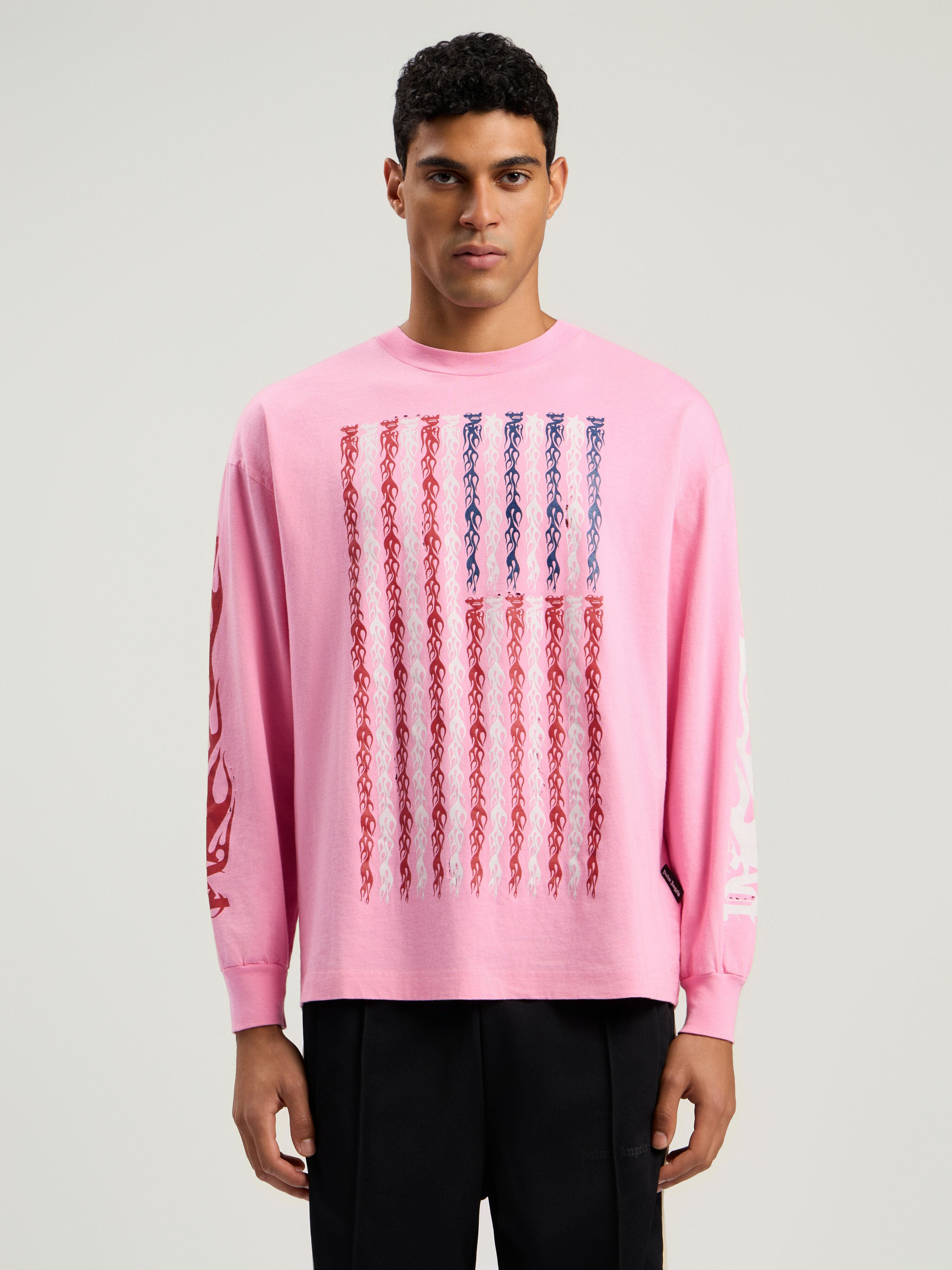 PALM ANGELS Flames Flag Long Sleeve T-Shirt PINK - MULTICOLOR PMAB058F25JER001