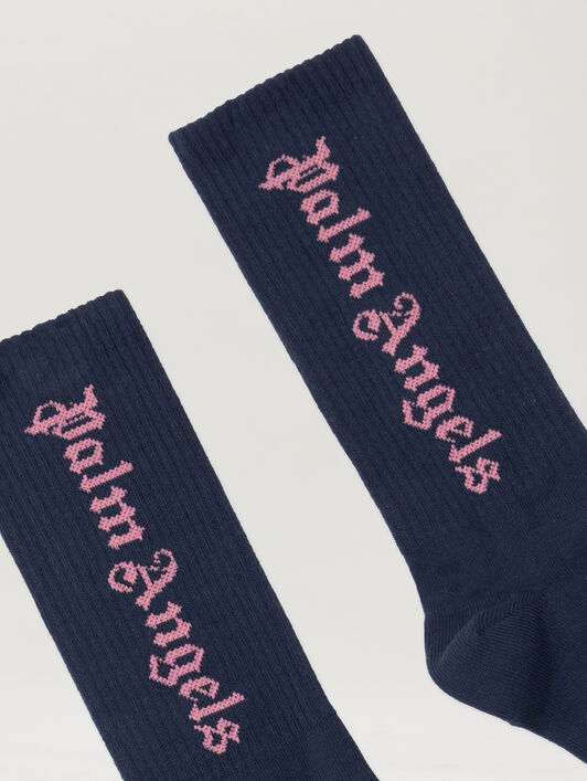 PALM ANGELS Logo Embroidered High Socks NAVY BLUE - PGRA005F25KNI002