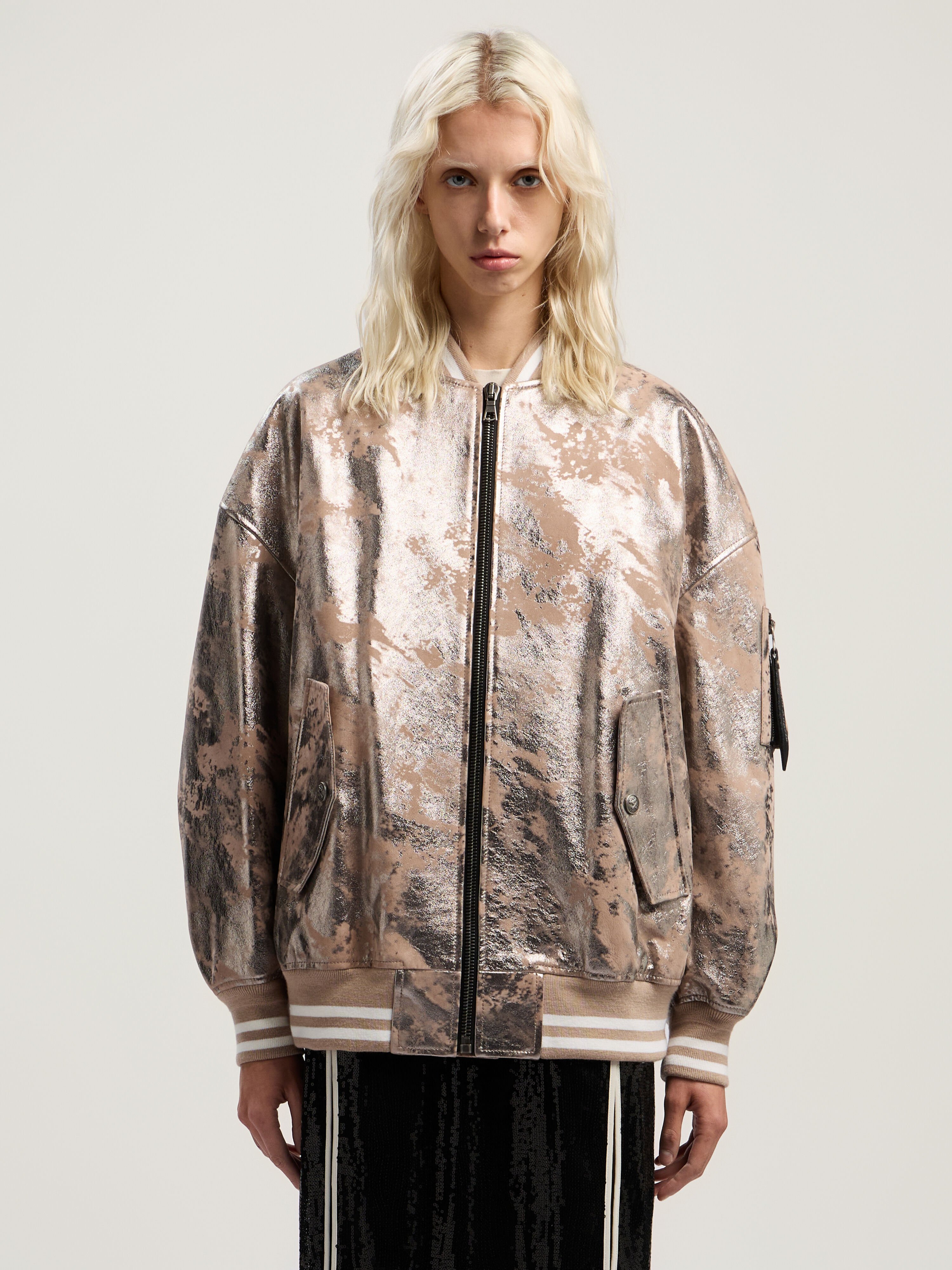 PALM ANGELS Laminated Leather Bomber Jacket NUDE - SILVER PWJA038F25LEA001