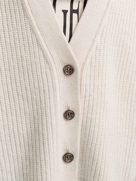 PALM ANGELS Curved Logo Ribbed Cardigan OFF WHITE - PINK PWHB045F25KNI001