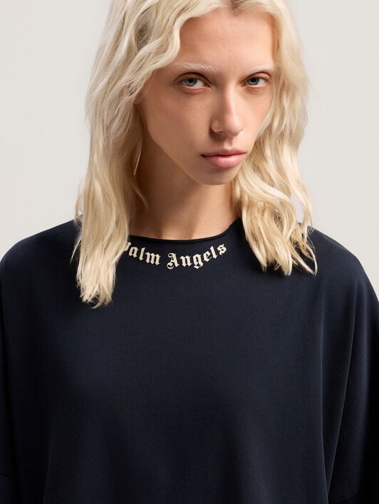 Curved Logo Collar Over Tee PALM ANGELS Curved Logo Collar Over Tee DARK BLUE - OFF WHITE PWAA07DF25JER001