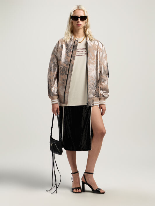 PALM ANGELS Laminated Leather Bomber Jacket NUDE - SILVER PWJA038F25LEA001