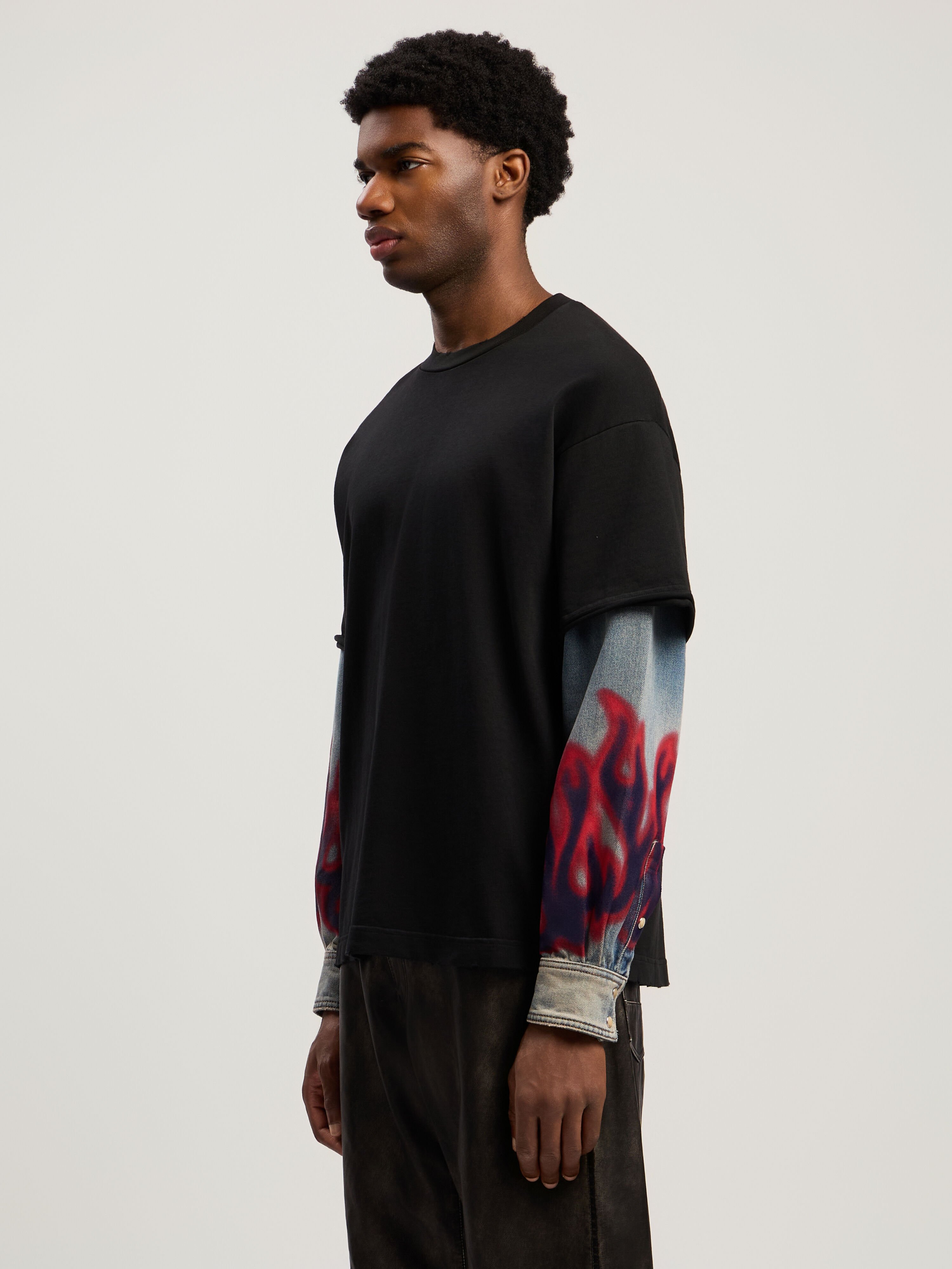 Flames Hybrid Long-Sleeve Shirt PALM ANGELS Flames Hybrid Long-Sleeve Shirt VINTAGE BLACK - MEDIUM BLUE PMGE04BF25FAB001