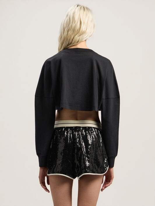 PALM ANGELS Curved Logo Crop Long Sleeve BLACK - FUCHSIA PWAB023F25JER002