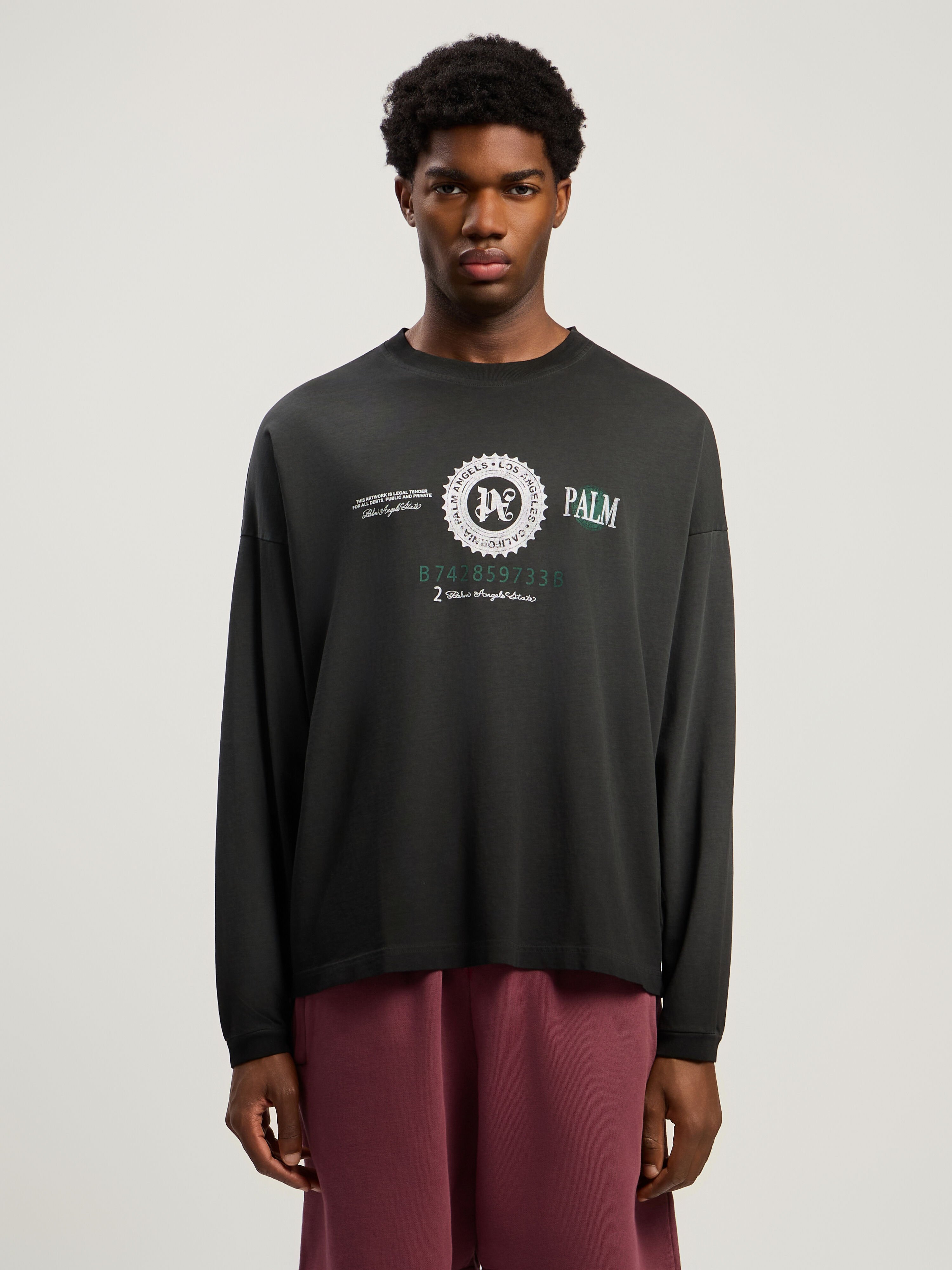PALM ANGELS Dollar Graphic Long Sleeve T-Shirt VINTAGE BLACK - LIGHT GREY PMAB05CF25JER001