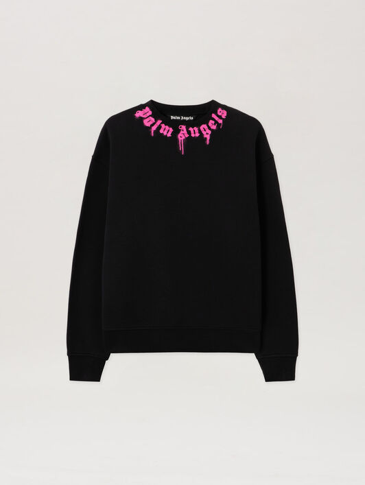 PALM ANGELS Neck Logo Crew Sweatshirt BLACK - FUCHSIA PMBA08HF25FLE005