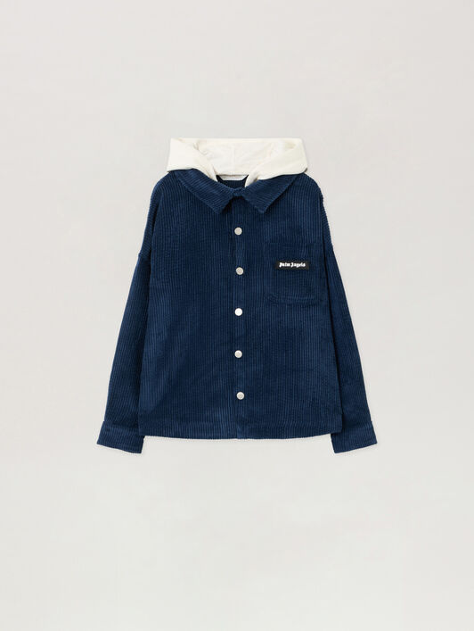 PALM ANGELS Corduroy Hooded Shirt Jacket NAVY BLUE - OFF WHITE PBES007F25FAB001