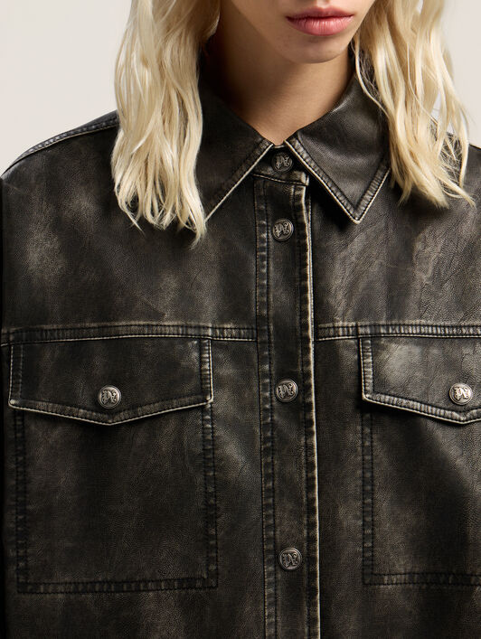 PALM ANGELS Curved Logo Coated Overshirt DARK GREY - BLACK PWJE009F25FAB001