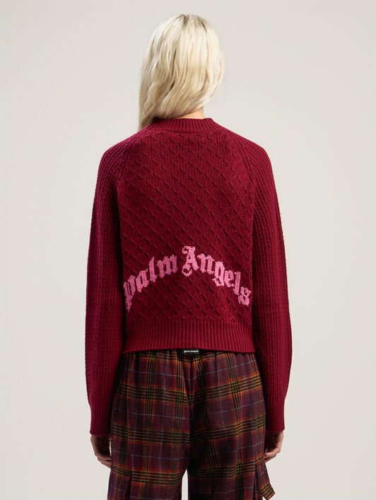 PALM ANGELS Curved Logo Ribbed Sweater BURGUNDY - PINK PWHE077F25KNI001