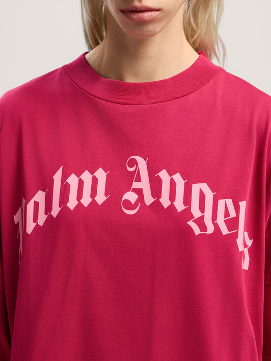 PALM ANGELS Curved Logo Over T-shirt FUCHSIA - PINK PWAA07CF25JER001