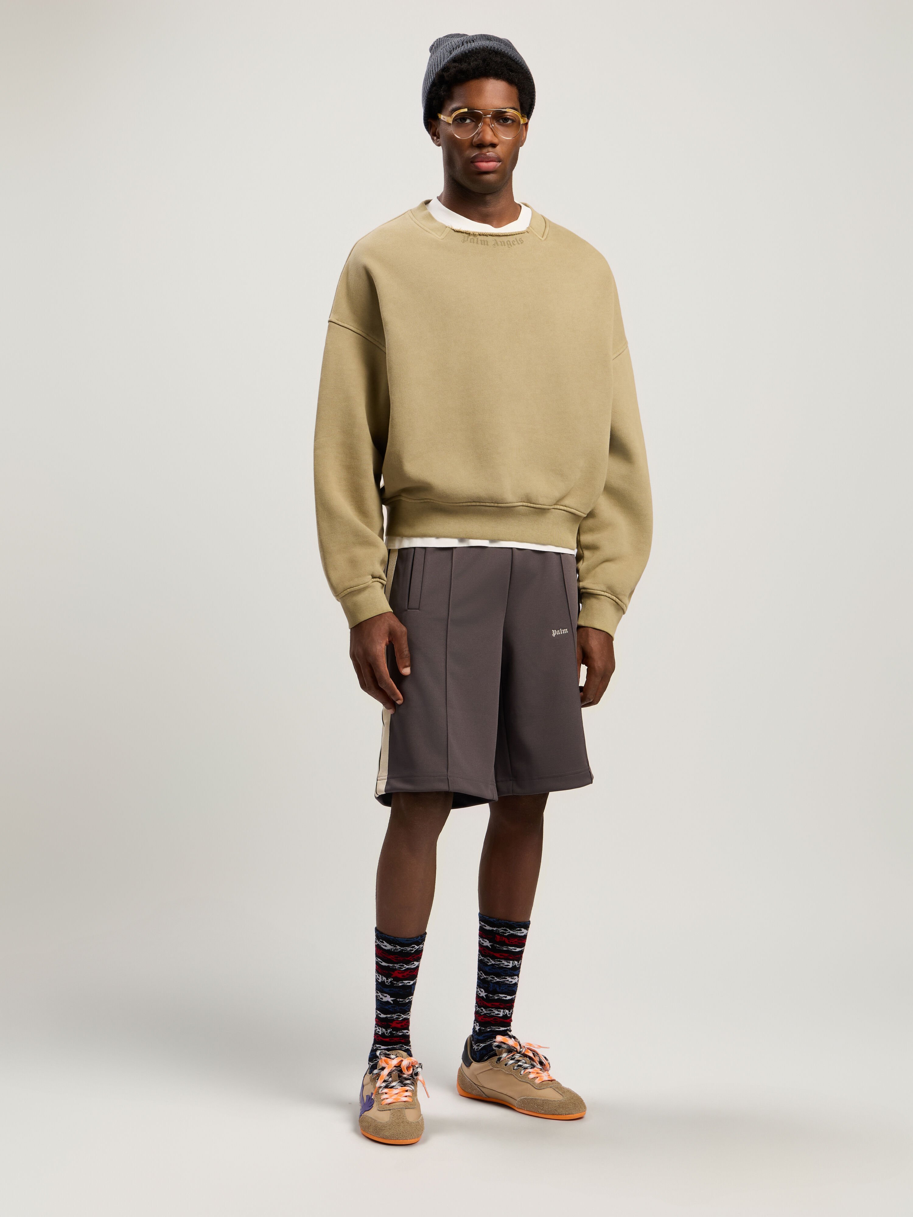 Curved Logo Loose Collar Crew PALM ANGELS Curved Logo Loose Collar Crew ARMY GREEN - DARK GREEN PMBA08KF25FLE001