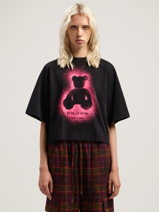 PALM ANGELS Spray Bear Cropped Tee BLACK - FUCHSIA FLUO PWAA079F25JER001