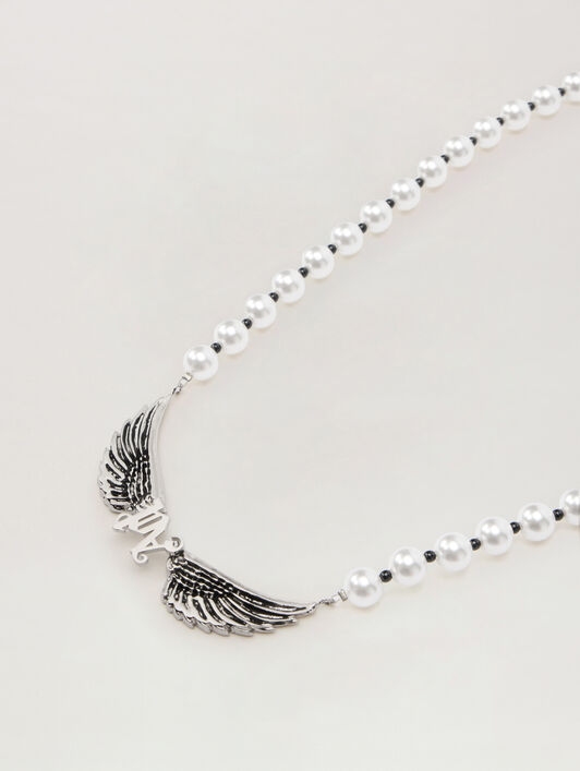 PALM ANGELS Wings Pearl Necklace SILVER - OFF WHITE PMOB12EF25MAT001