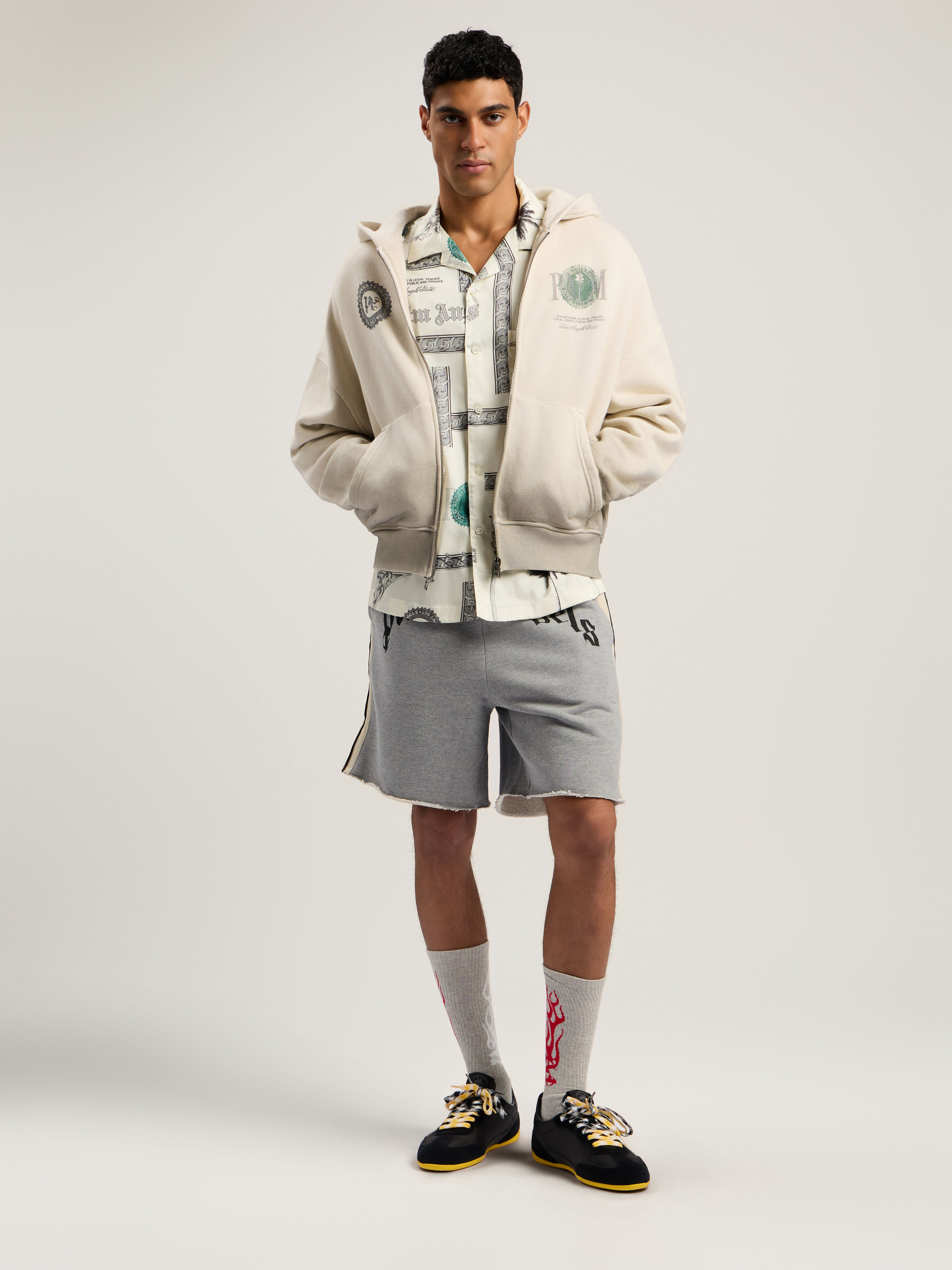 PALM ANGELS Curved Logo Track Sweatshort GREY MELANGE - BLACK PMCI026F25FLE001