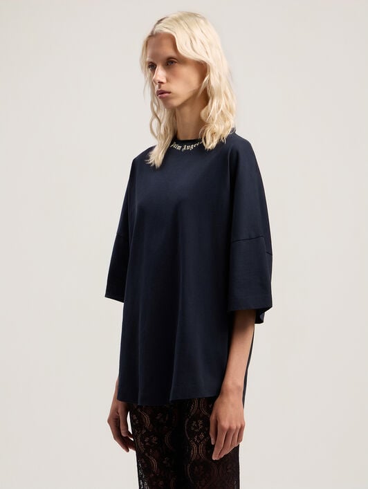 Curved Logo Collar Over Tee PALM ANGELS Curved Logo Collar Over Tee DARK BLUE - OFF WHITE PWAA07DF25JER001