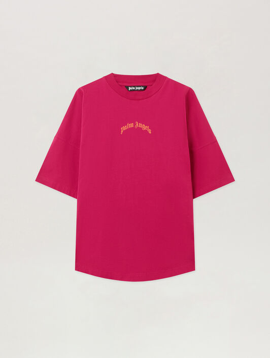 PALM ANGELS Back Curved Logo Over T-Shirt FUCHSIA - ORANGE PMAA10BF25JER001