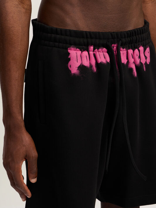 PALM ANGELS Sprayed Logo Sweatshorts BLACK - FUCHSIA PMCI019F25FLE003