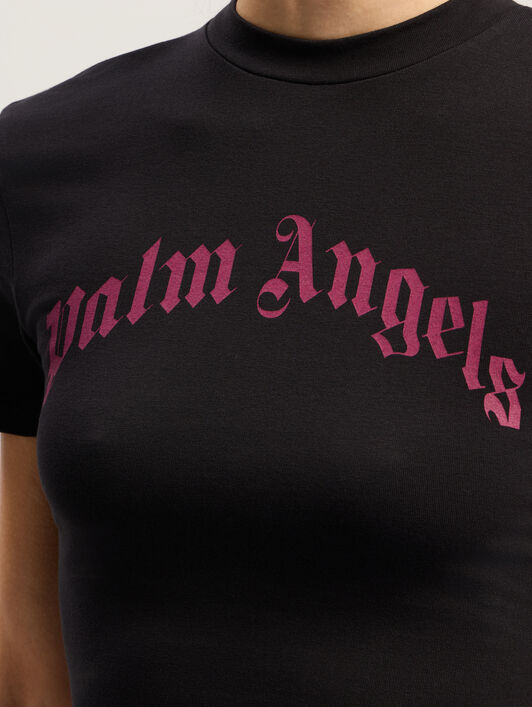 PALM ANGELS Curved Logo Baby Tee BLACK - FUCHSIA PWAA077F25JER002