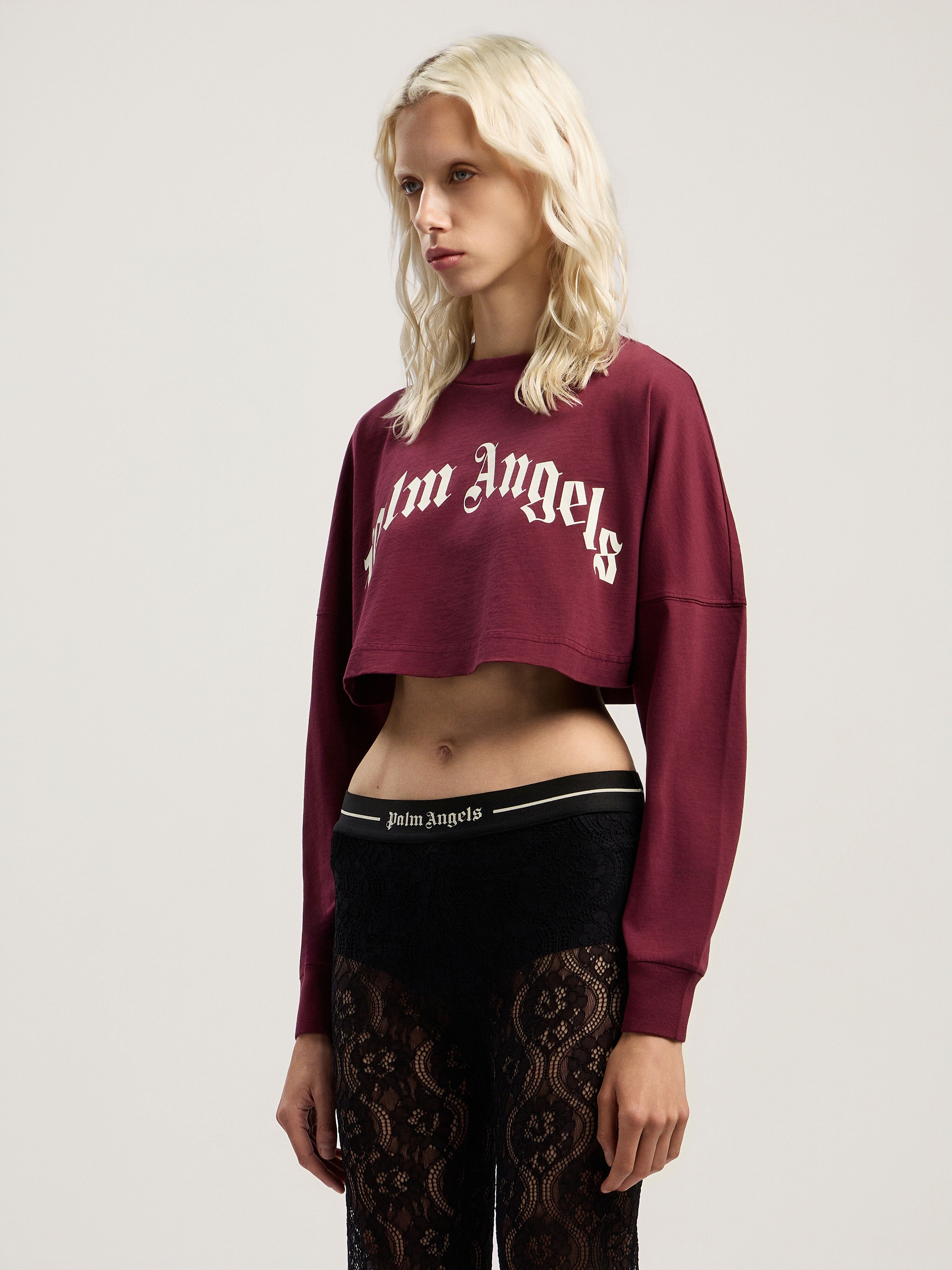 PALM ANGELS Curved Logo Crop Top BURGUNDY - OFF WHITE PWAB023F25JER002