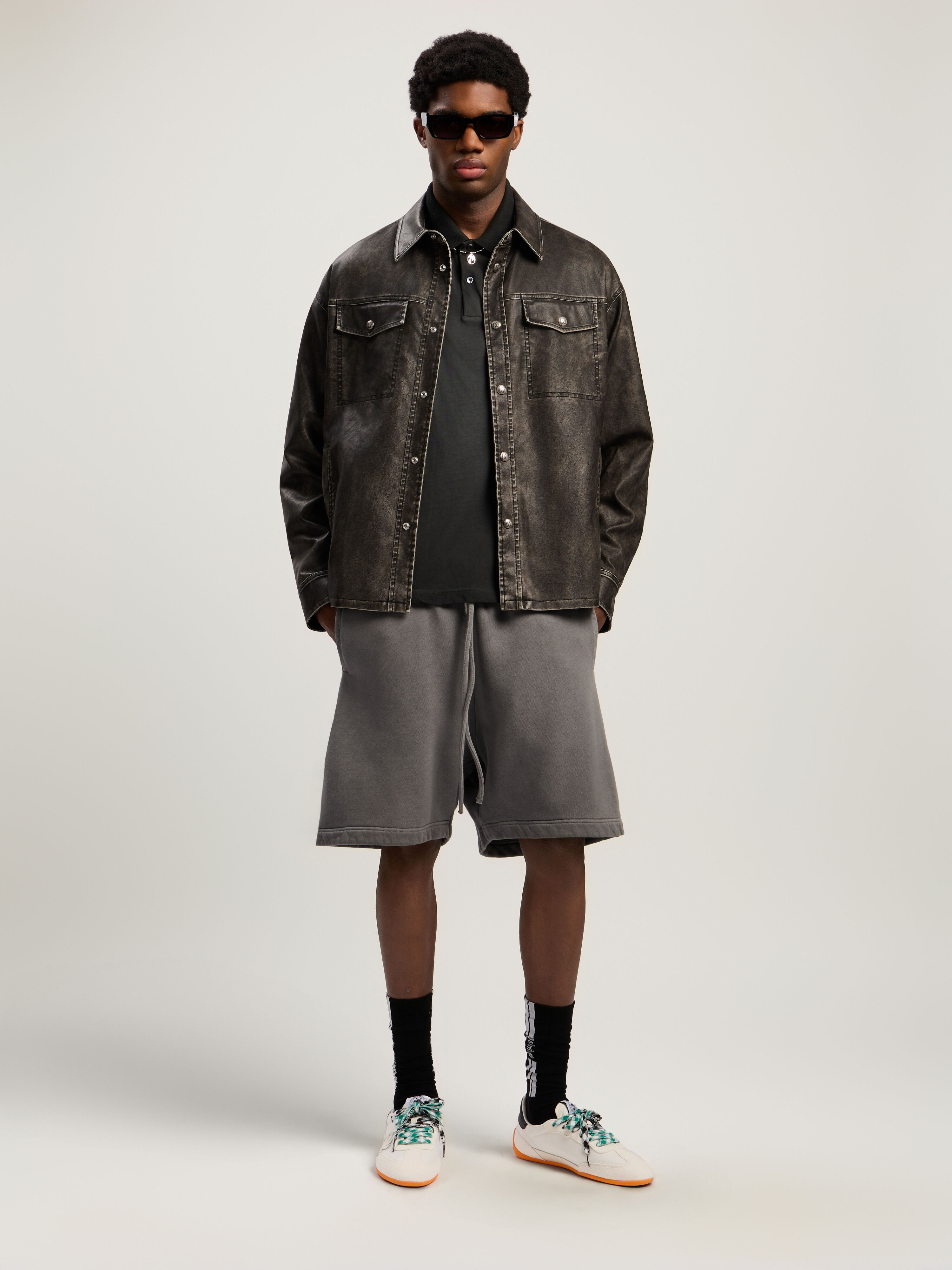 PALM ANGELS Dollar Logo Long Sleeve Polo VINTAGE BLACK - LIGHT GREY PMGC01CF25JER001