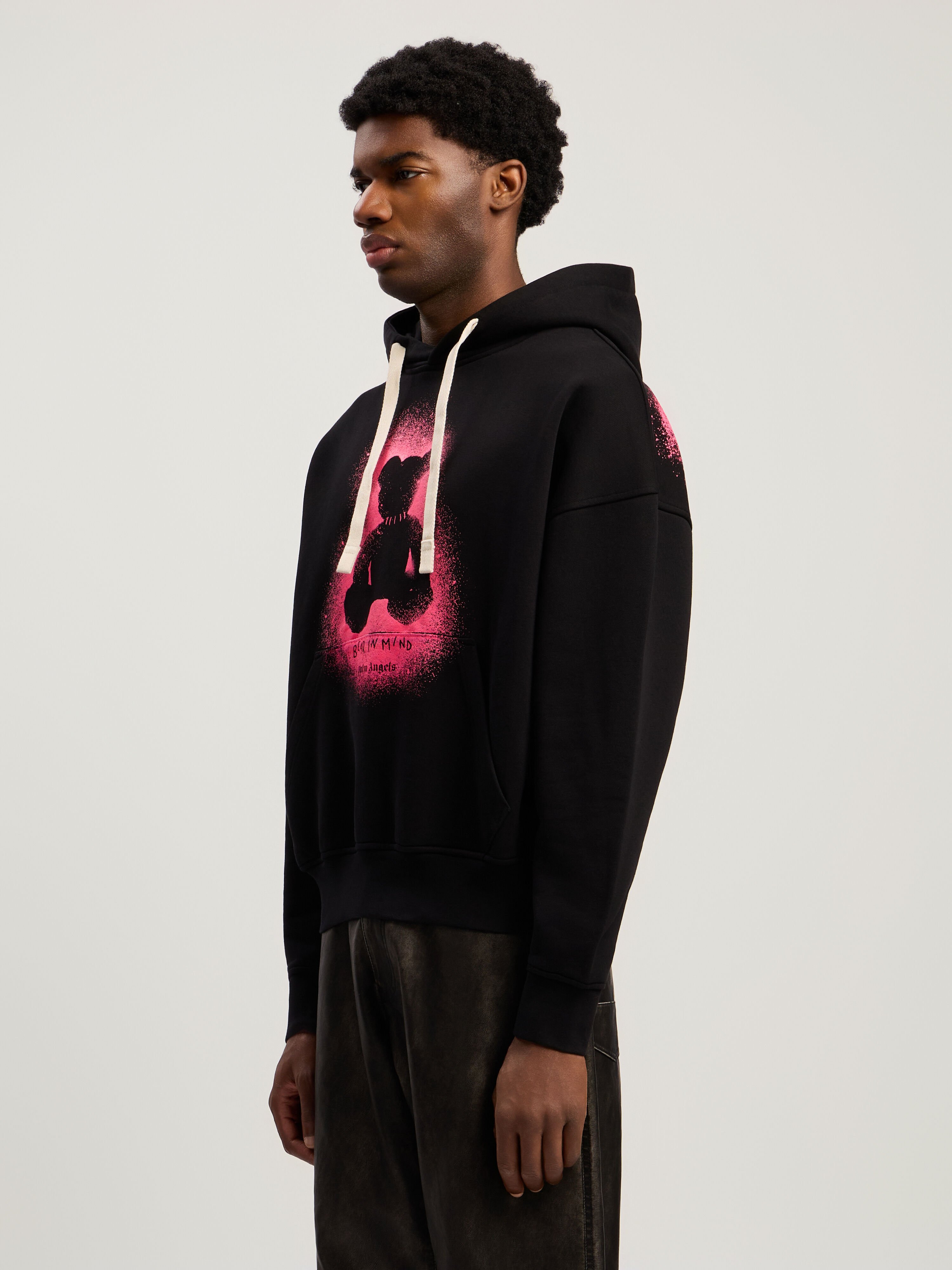 PALM ANGELS Spray Bear Loose Hoodie BLACK - FUCHSIA FLUO PMBB17EF25FLE005