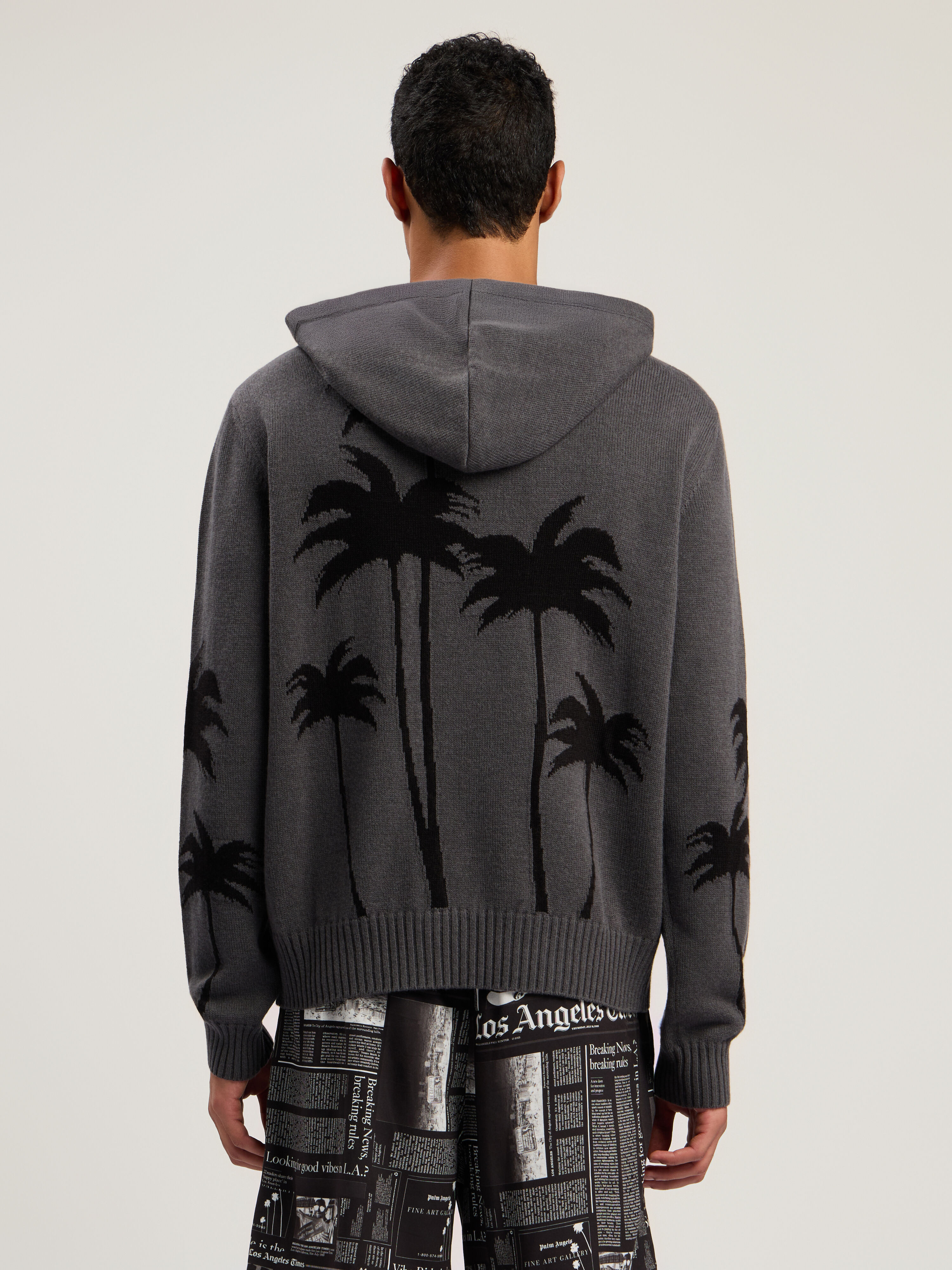 PALM ANGELS Back Palms Knit Hoodie DARK GREY - BLACK PMHU026F25KNI001