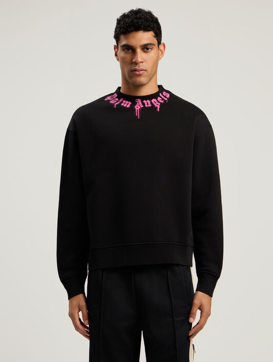 PALM ANGELS Neck Logo Crew Sweatshirt BLACK - FUCHSIA PMBA08HF25FLE005