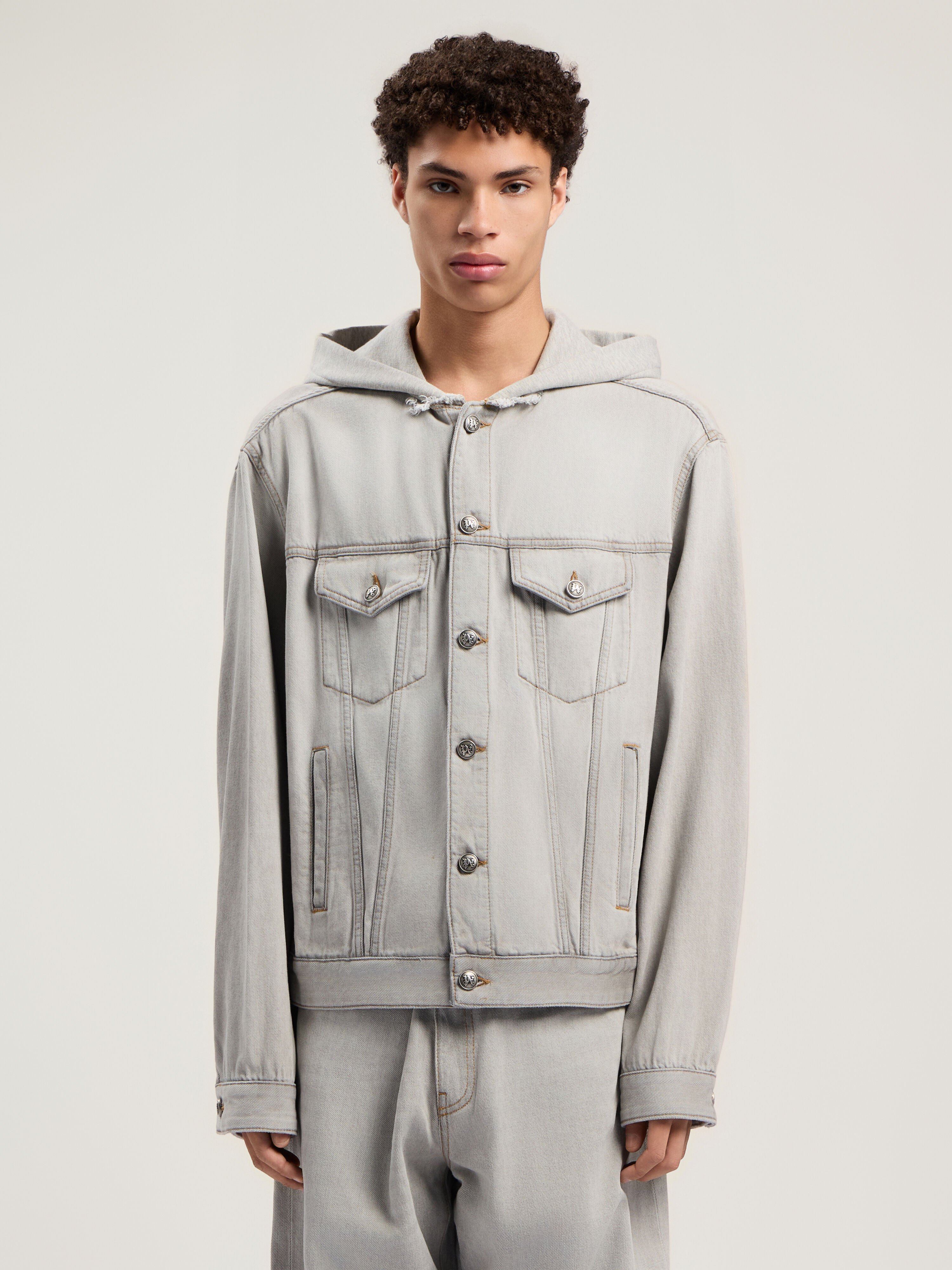 PALM ANGELS Curved Logo Denim Jacket LIGHT GREY - GREY MELANGE PMYE05CF25DEN001