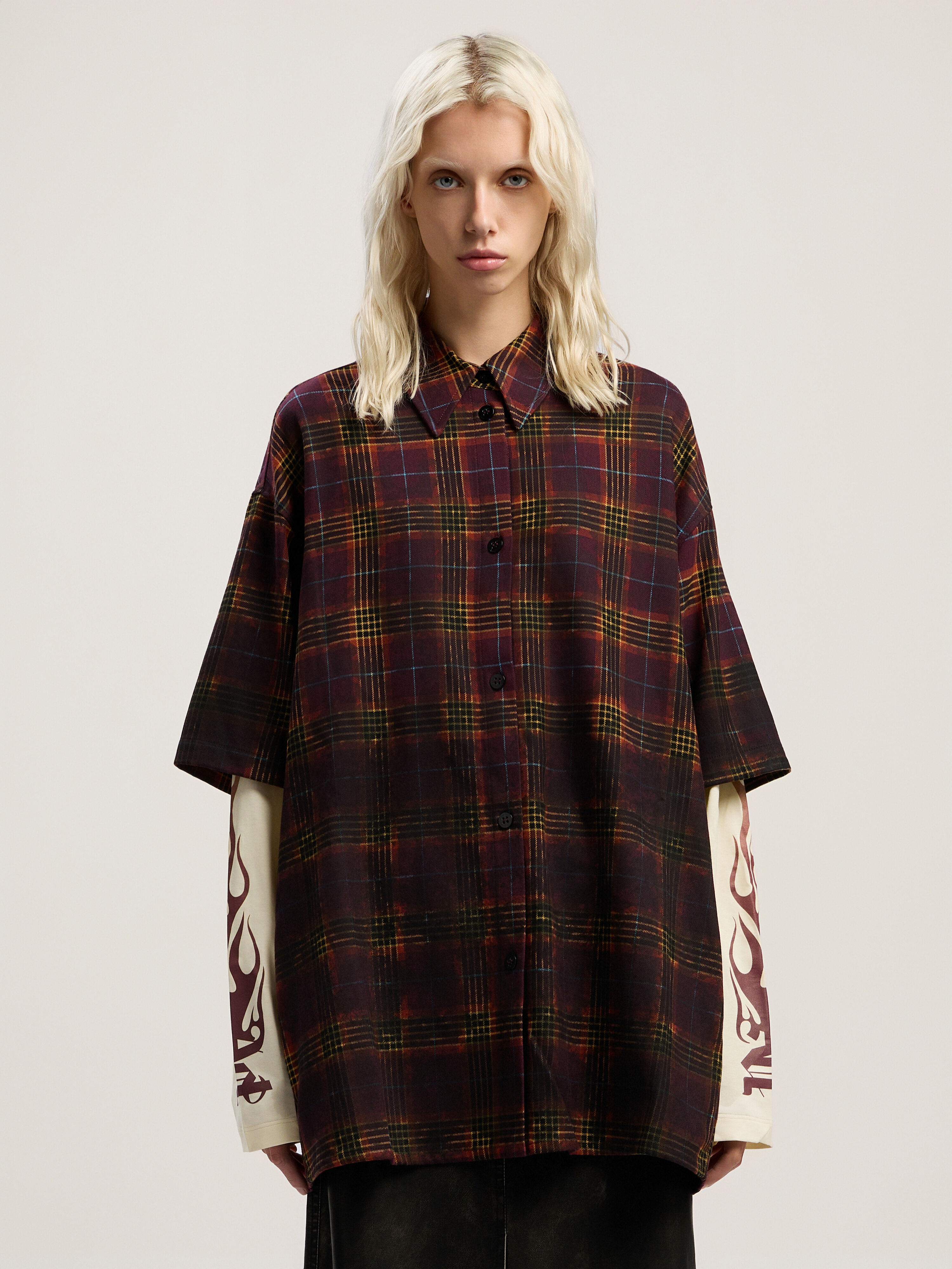 PALM ANGELS Overdyed Check Flames Shirt BURGUNDY - MULTICOLOR PWGE027F25FAB001