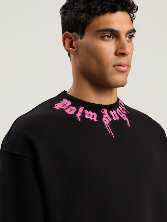 PALM ANGELS Neck Logo Crew Sweatshirt BLACK - FUCHSIA PMBA08HF25FLE005