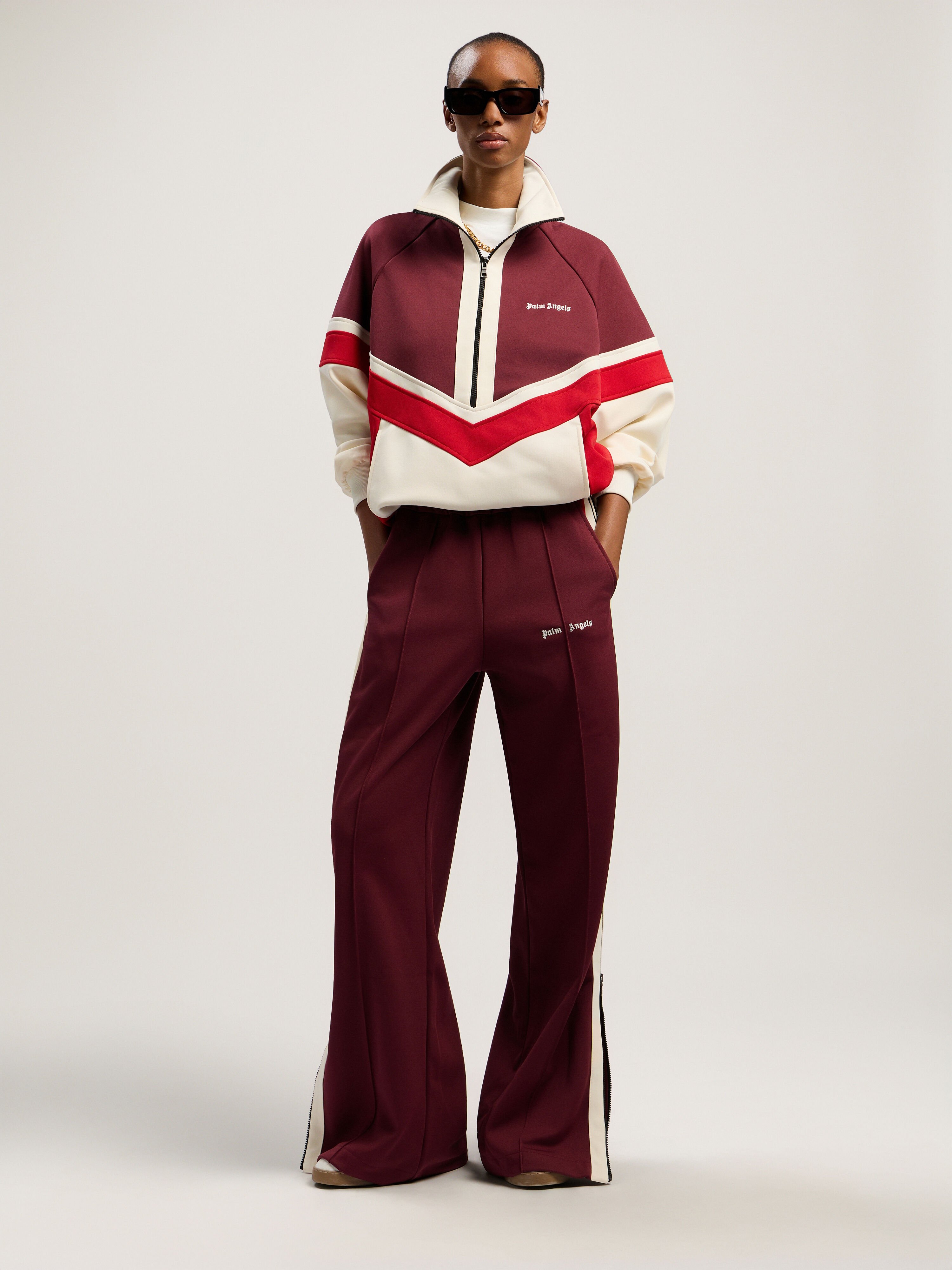 PALM ANGELS Colorblock Zip Track Pants BURGUNDY - OFF WHITE PWCJ039F25FAB001