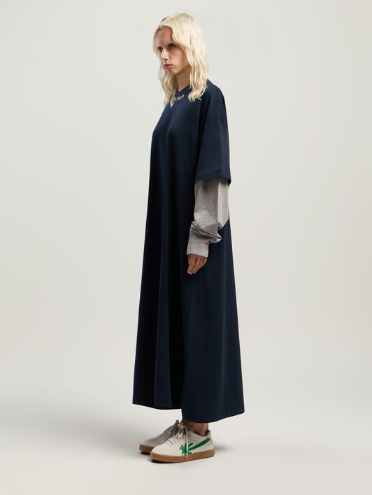 PALM ANGELS Curved Logo Layered Dress DARK BLUE - OFF WHITE PWDE005F25JER001