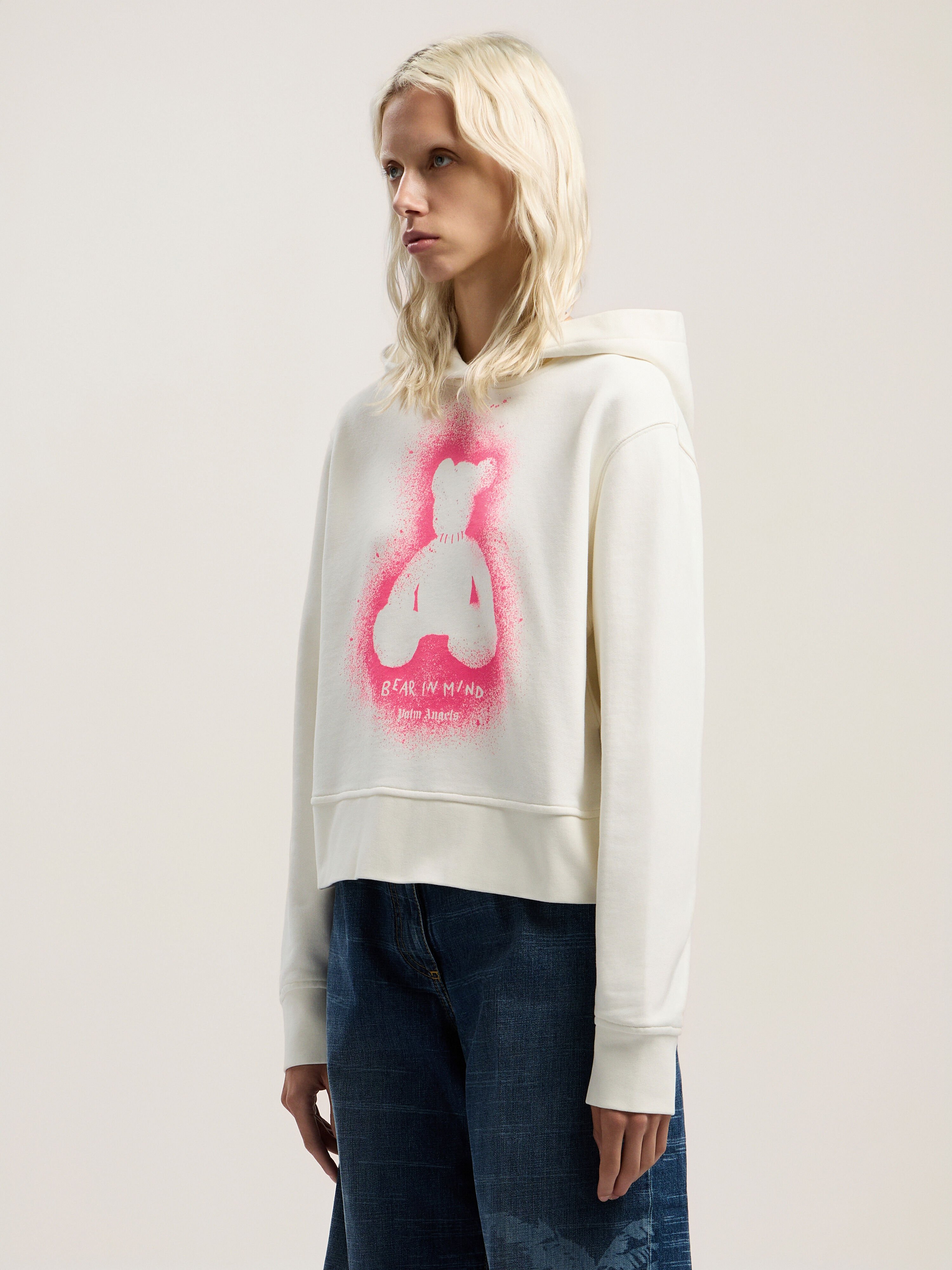 PALM ANGELS Spray Bear Fitted Hoodie OFF WHITE - FUCHSIA FLUO PWBB069F25FLE001