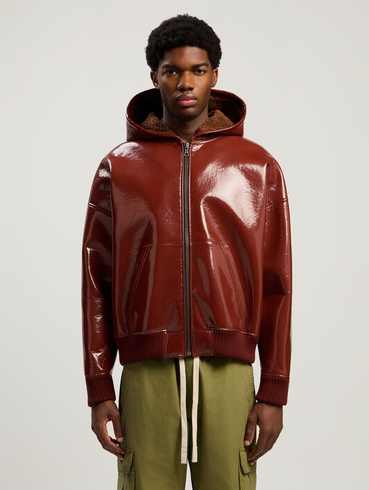 PALM ANGELS Curved Logo Vinyl Bomber Jacket BRICK RED - BRICK RED PMEH03AF25FAB001